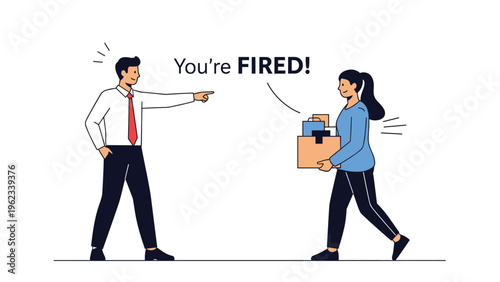 Stern boss pointing and saying "You're FIRED!" to a sad female employee carrying a box of belongings, representing job loss and dismissal.