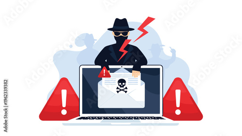 Phishing email attack and data breach concept showing a mysterious hacker behind a laptop screen with a skull icon inside a message.