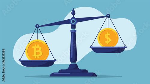 Comparison between cryptocurrency and traditional currency shown as a balanced scale with a Bitcoin and a US Dollar coin.