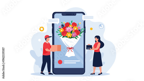 Convenient online flower delivery service, with a courier handing a package to a woman beside a large smartphone displaying a vibrant bouquet.