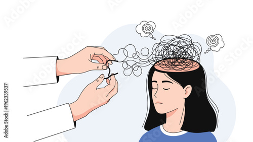 Hands gently untangling a jumbled mess of thoughts and emotions within a woman's head, symbolizing therapy, mental clarity, and problem-solving.