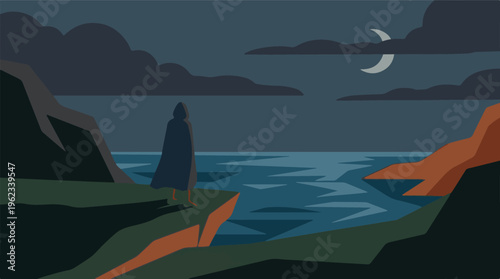Solitary figure on a cliff contemplating the moonlit ocean at night