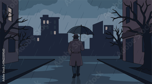 Illustration of a man with an umbrella walking in the rain in a city
