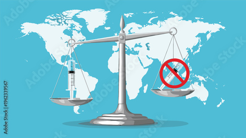 Global vaccine inequality and health policy debate concept showing a scale weighing a vaccine syringe against a prohibited one over a world map.