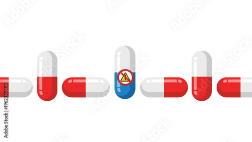 Dangerous medication and fake pharmaceutical pills concept shown through row of red and white capsules with one blue warning pill.
