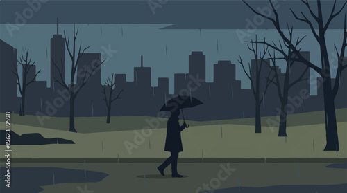 Silhouette of a person with umbrella walking in urban park on rainy day