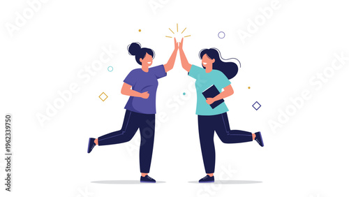 Two cheerful women enthusiastically giving each other a high-five, symbolizing teamwork, success, collaboration, and shared accomplishment.
