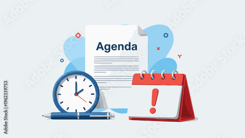 Business agenda and meeting planning concept with document calendar alarm clock and pen for effective time management and schedule.