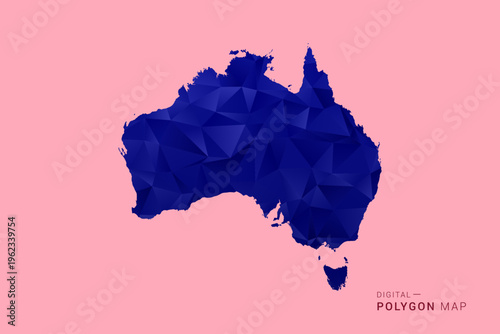 Australia Map - Low poly polygon map in deep blue gradient on soft pink pastel background, modern minimal geometric design, clean digital vector illustration.