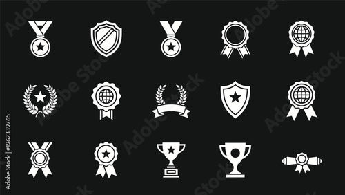 Collection of award badges and achievement medals icons representing success victory and excellence for professional certification.