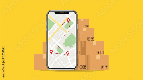 Logistics tracking and package delivery navigation concept with cardboard boxes behind smartphone showing map route and location.