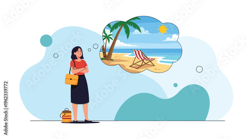 Woman standing with luggage, dreaming wistfully of a relaxing beach vacation with palm trees and a lounge chair under the sun.