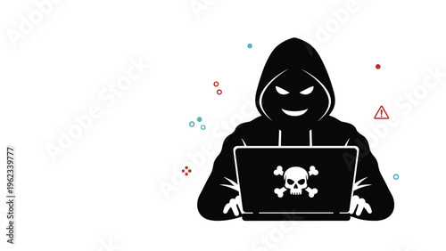 Cyber crime and malicious hacking activity concept with anonymous hacker working on laptop displaying skull and crossbones on screen.