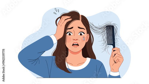 Distressed woman holding a comb filled with fallen hair, symbolizing the struggle with hair loss, thinning, and related anxiety.