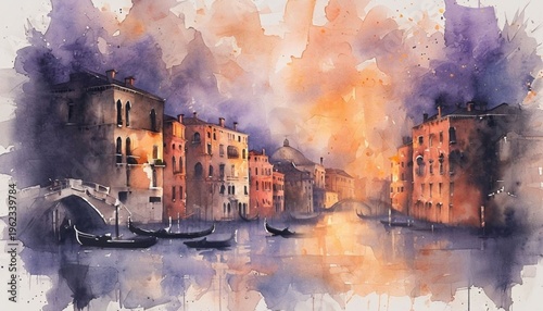 Venice canal watercolor painting at sunset with gondolas floating by.