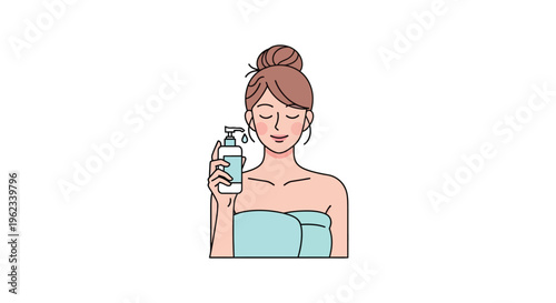 Smiling woman holding skincare bottle in minimalist flat illustration for beauty product advertising