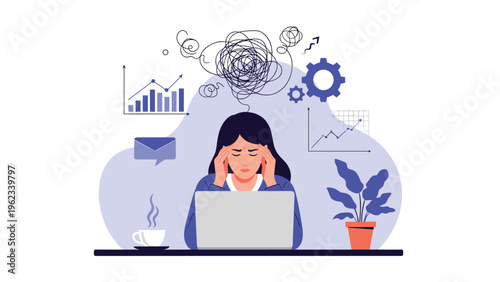 Stressed businesswoman at her laptop with a tangled mess of thoughts, symbolizing work overload, burnout, and mental pressure.