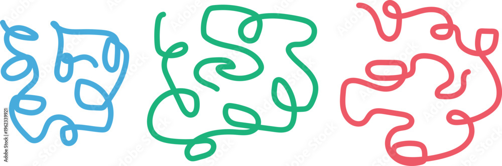 Obraz premium Three colorful squiggly line art pieces on a white background