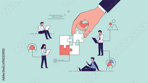 Large hand places a missing puzzle piece into a project worked on by diverse business professionals to show teamwork and strategy.