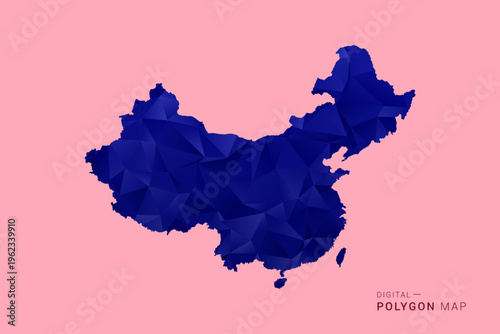 China Map - Low poly polygon map in deep blue gradient on soft pink pastel background, modern minimal geometric design, clean digital vector illustration.