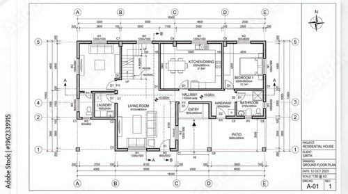 Blurry architectural blueprint or house floor plan with detailed measurements and labels