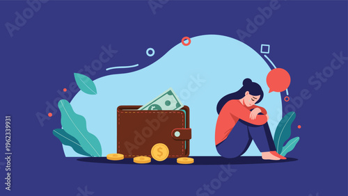 Depressed woman sitting next to a wallet with little money, symbolizing financial struggle, poverty, and economic hardship.