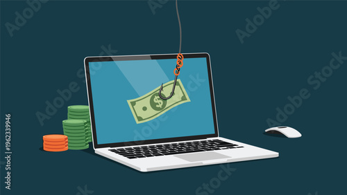 Fishing hook pulls a dollar bill out of a laptop screen to represent financial phishing scams and online money theft techniques.