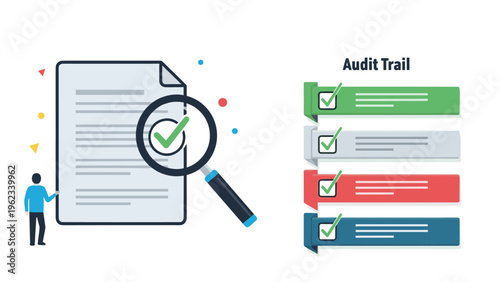 Professional auditor examines a document with a magnifying glass next to an audit trail checklist for business compliance and data.