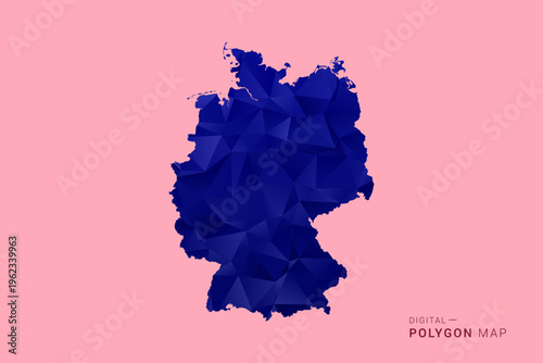 Germany Map - Low poly polygon map in deep blue gradient on soft pink pastel background, modern minimal geometric design, clean digital vector illustration.