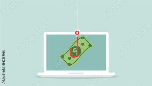 Internet fraud concept shows a fishing hook catching a dollar bill in front of a laptop screen for online phishing scam awareness.