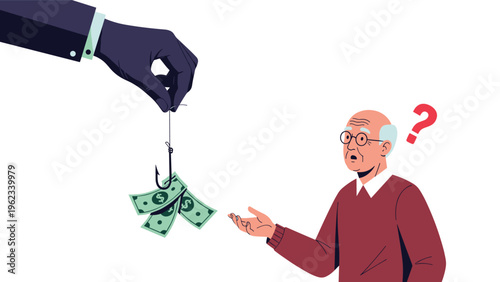 Elderly man looking curious at a fishing hook dangling money, symbolizing financial scam, fraud, bait, and elder abuse.