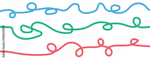Colorful squiggly lines in blue green and red on a white background