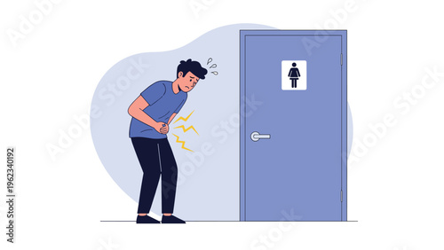 Young man clutching his stomach in discomfort and looking distressed while standing in front of a public toilet door.