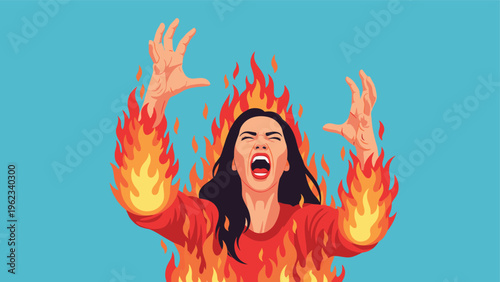 Furious woman consumed by literal flames, screaming with raised hands, symbolizing extreme anger, rage, and overwhelming emotions.