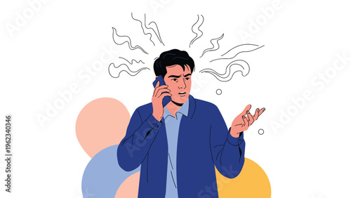 Frustrated man talking animatedly on a phone call, expressing stress, annoyance, and difficult communication.
