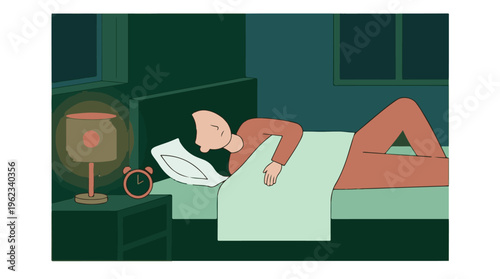 Minimalist illustration of a person sleeping in a dark bedroom at night
