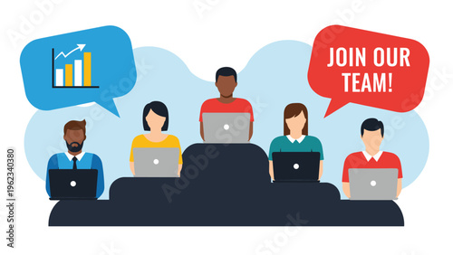 Diverse team of professionals working on laptops with speech bubbles, including "Join Our Team!" and business growth charts, representing recruitment and teamwork.