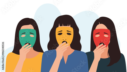 Three women wearing colorful sad masks, symbolizing hidden emotions, mental health struggles, and the pressure to conceal feelings.