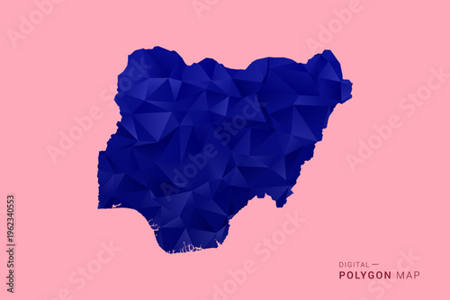 Nigeria Map - Low poly polygon map in deep blue gradient on soft pink pastel background, modern minimal geometric design, clean digital vector illustration.