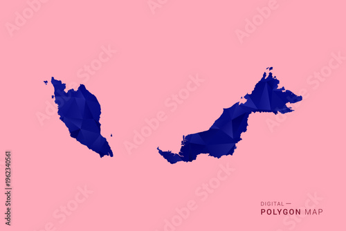 Malaysia Map - Low poly polygon map in deep blue gradient on soft pink pastel background, modern minimal geometric design, clean digital vector illustration.