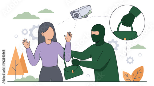 Woman being robbed by masked thief under security camera surveillance