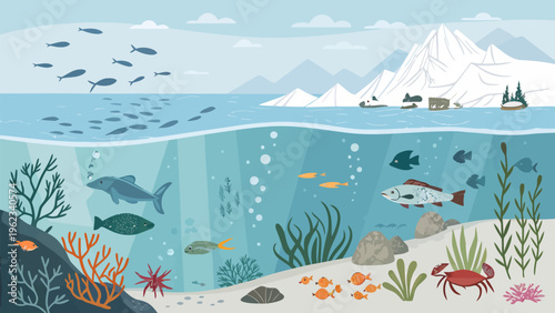 Vibrant arctic underwater scene with diverse marine life and icebergs in the background showcasing ocean ecosystem