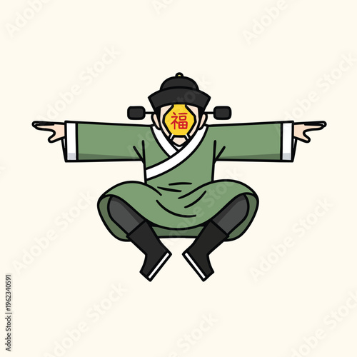 A cartoonish depiction of a person in a green outfit, wearing a black hat, squatting and spreading their arms wide. A red character is in front of the face