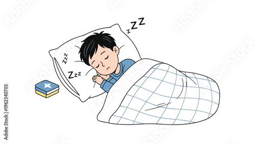 Peaceful young boy sleeping soundly in his bed under a cozy blanket, emphasizing the importance of rest and healthy sleep habits.
