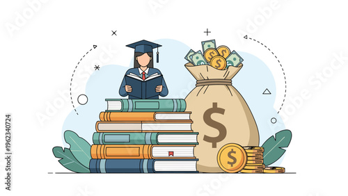 Female student with a graduation cap reading on a stack of books next to a money bag, symbolizing the high cost of education and student loans.