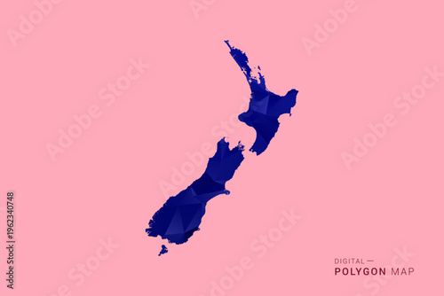 New Zealand Map - Low poly polygon map in deep blue gradient on soft pink pastel background, modern minimal geometric design, clean digital vector illustration.