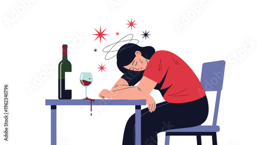 Unconscious woman slumped on a table with an empty wine bottle and glass, symbolizing alcohol abuse, addiction, and its negative consequences.