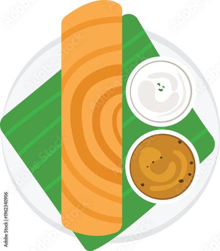 Delicious South Indian Dosa with Sambar and Coconut Chutney on a Banana Leaf Plate