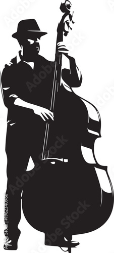 Jazz musician playing double bass in black and white silhouette style illustration