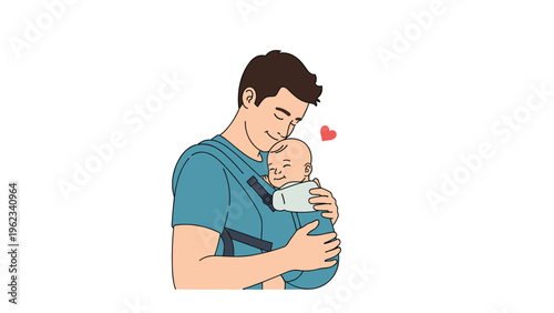 Loving father gently carrying his happy baby in a front carrier, symbolizing paternal care, bonding, and modern fatherhood.